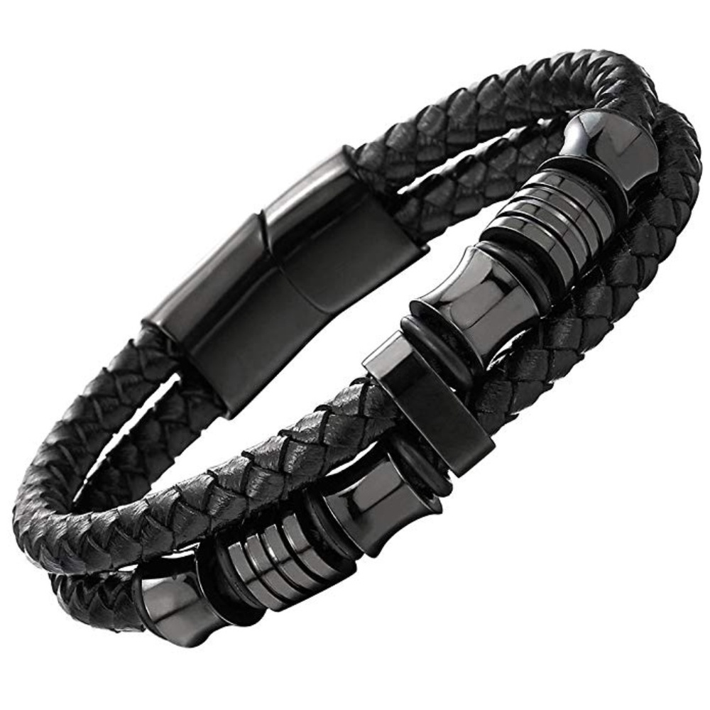 New Mens Black Stainless Steel Leather Wristband
